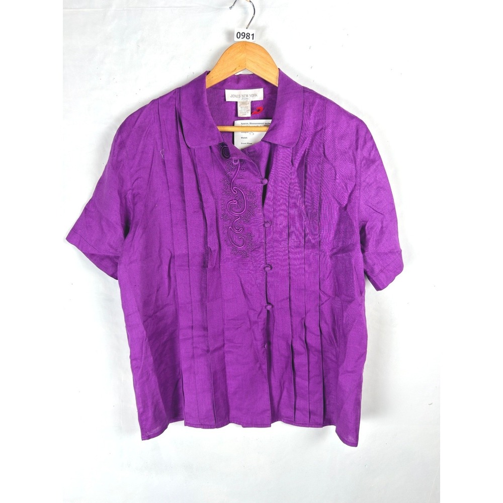 2/$30 Jones New York Purple Linen Pleated Embroidered Button Top 12